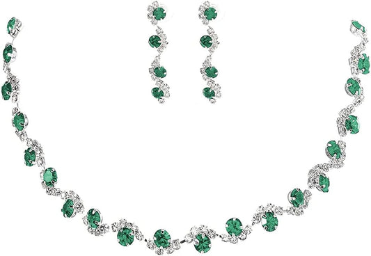 Bride Silver Necklace Earrings Set Crystal Bridal Wedding Jewelry Set Rhinestone Choker Necklace for Women and Girls Green