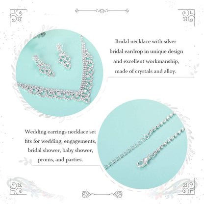 Bride Silver Necklace Earrings Set Crystal Bridal Wedding Jewelry Sets Rhinestone Bridesmaid Party Choker Necklace Drop Dangle Earrings Set for Women and Girls (Silver-2)