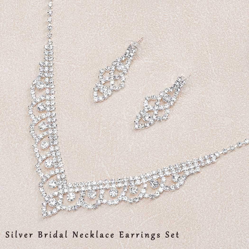 Bride Silver Necklace Earrings Set Crystal Bridal Wedding Jewelry Sets Rhinestone Bridesmaid Party Choker Necklace Drop Dangle Earrings Set for Women and Girls (Silver-2)