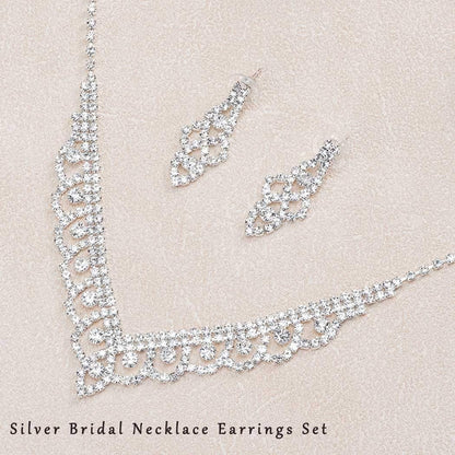 Bride Silver Necklace Earrings Set Crystal Bridal Wedding Jewelry Sets Rhinestone Bridesmaid Party Choker Necklace Drop Dangle Earrings Set for Women and Girls (Silver-2)