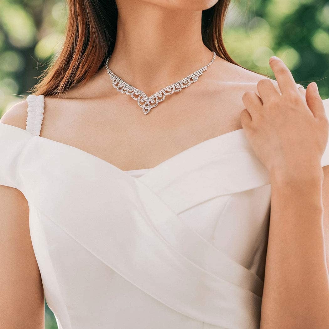 Bride Silver Necklace Earrings Set Crystal Bridal Wedding Jewelry Sets Rhinestone Bridesmaid Party Choker Necklace Drop Dangle Earrings Set for Women and Girls (Silver-2)