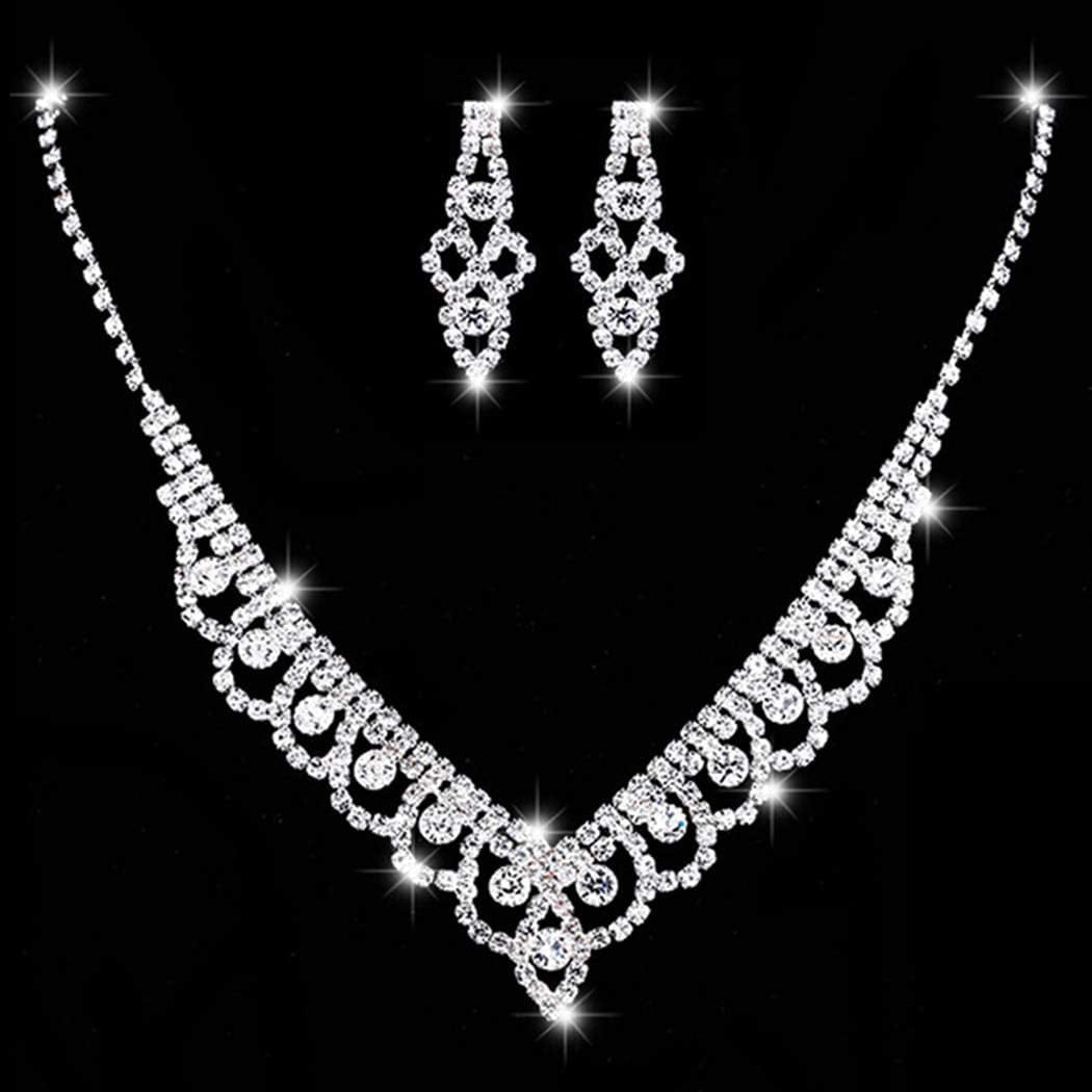 Bride Silver Necklace Earrings Set Crystal Bridal Wedding Jewelry Sets Rhinestone Bridesmaid Party Choker Necklace Drop Dangle Earrings Set for Women and Girls (Silver-2)
