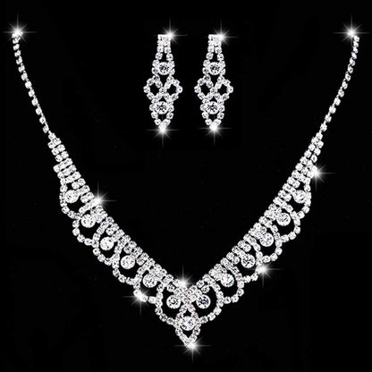 Bride Silver Necklace Earrings Set Crystal Bridal Wedding Jewelry Sets Rhinestone Bridesmaid Party Choker Necklace Drop Dangle Earrings Set for Women and Girls (Silver-2)