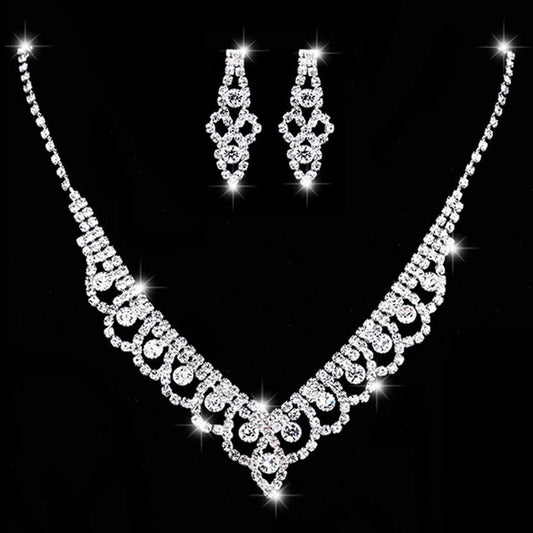 Bride Silver Necklace Earrings Set Crystal Bridal Wedding Jewelry Sets Rhinestone Bridesmaid Party Choker Necklace Drop Dangle Earrings Set for Women and Girls (Silver-2)