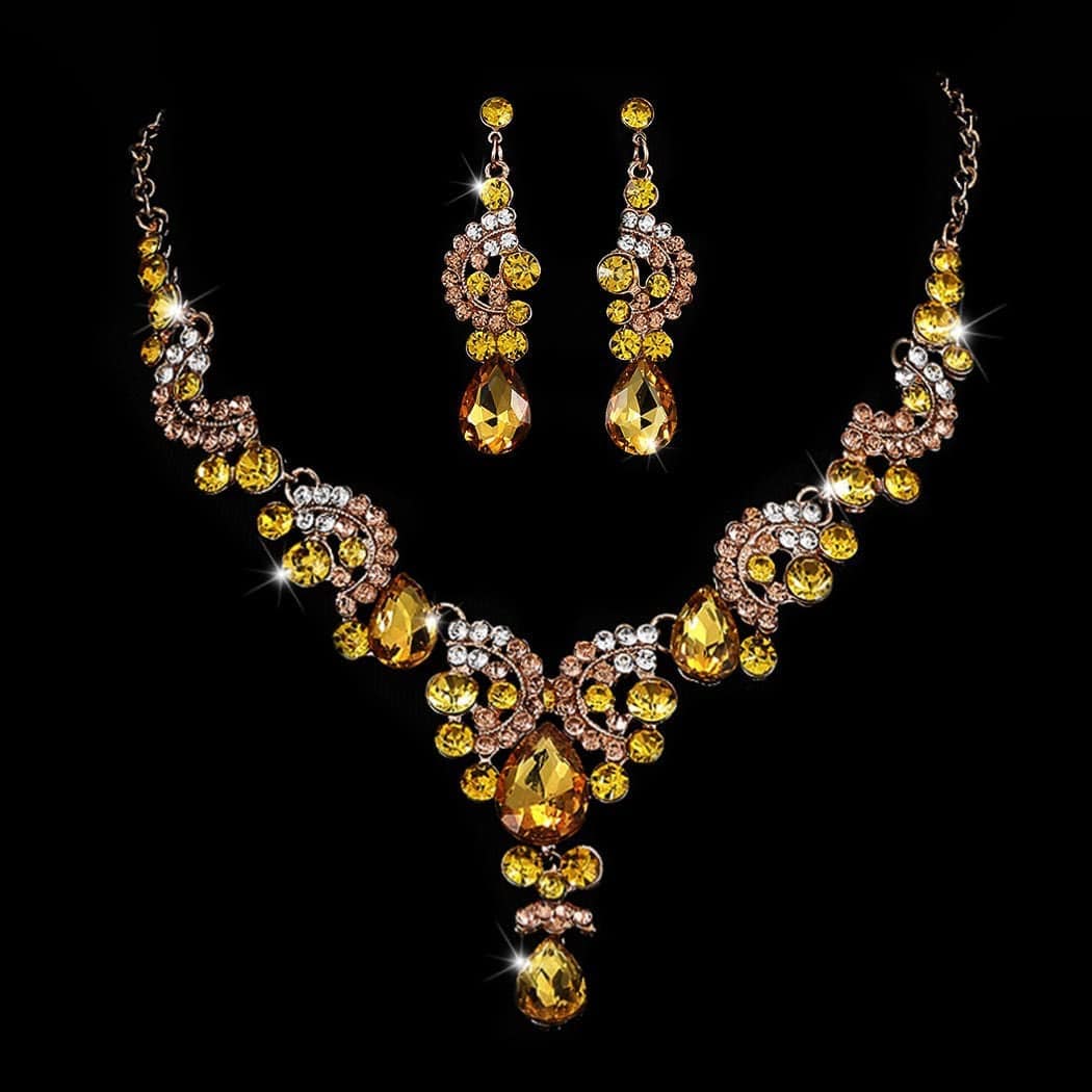 Bride Wedding Jewelry Sets Crystal Bridal Necklace Earrings Set Rhinestone Choker Necklace Prom Costume Jewelry for Women and Girls Yellow