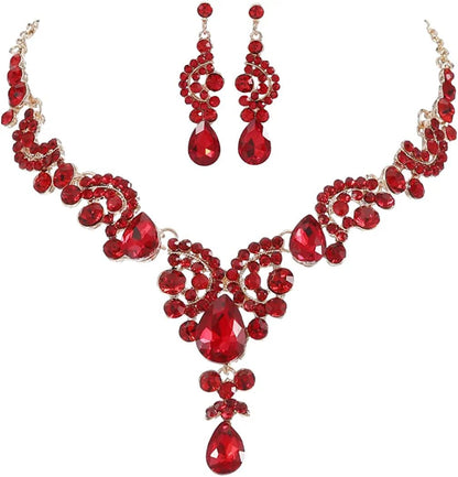 Bride Wedding Jewelry Sets Crystal Bridal Necklace Earrings Set Rhinestone Choker Necklace Prom Costume Jewelry for Women and Girls Red