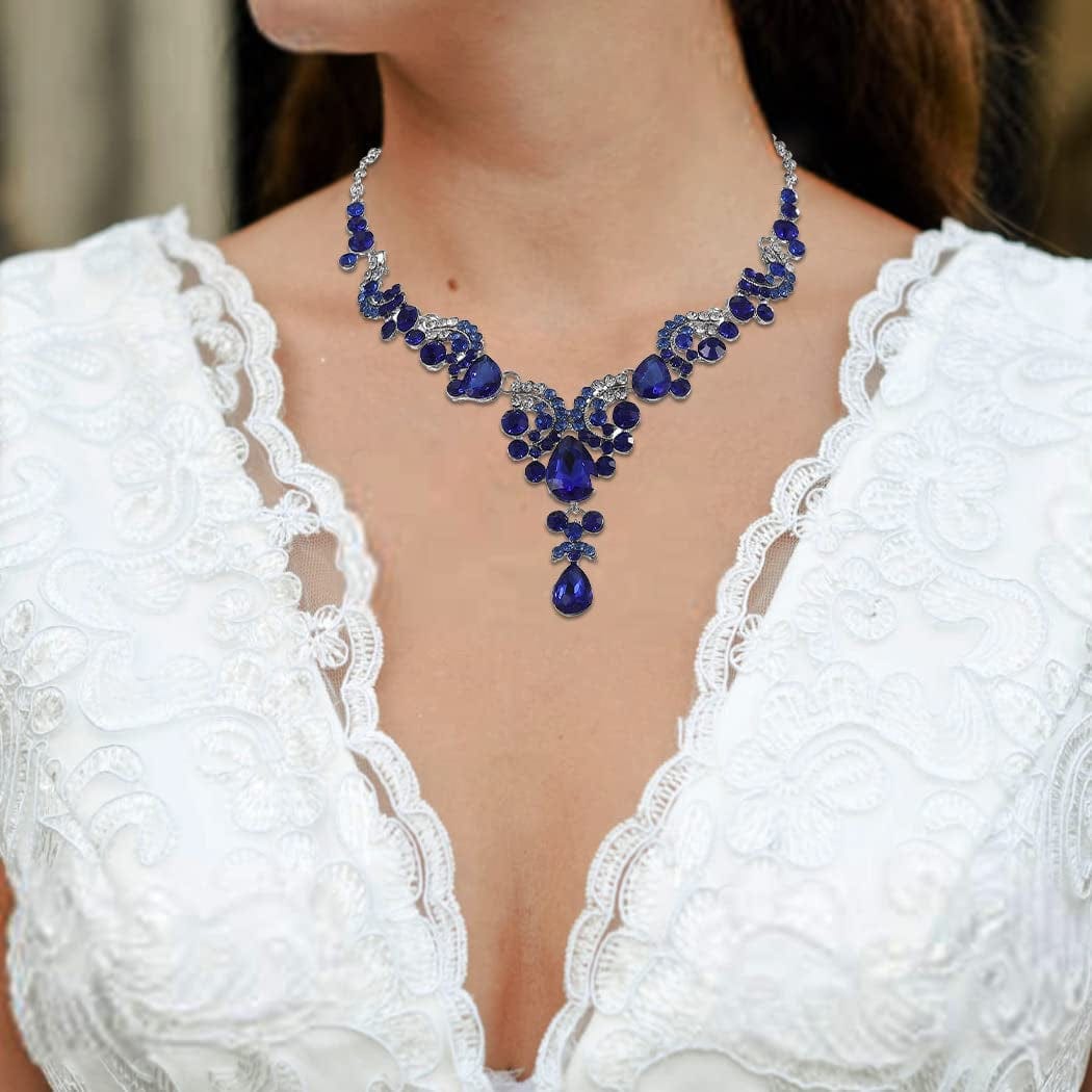 Bride Wedding Jewelry Sets Crystal Bridal Necklace Earrings Set Rhinestone Choker Necklace Prom Costume Jewelry for Women and Girls