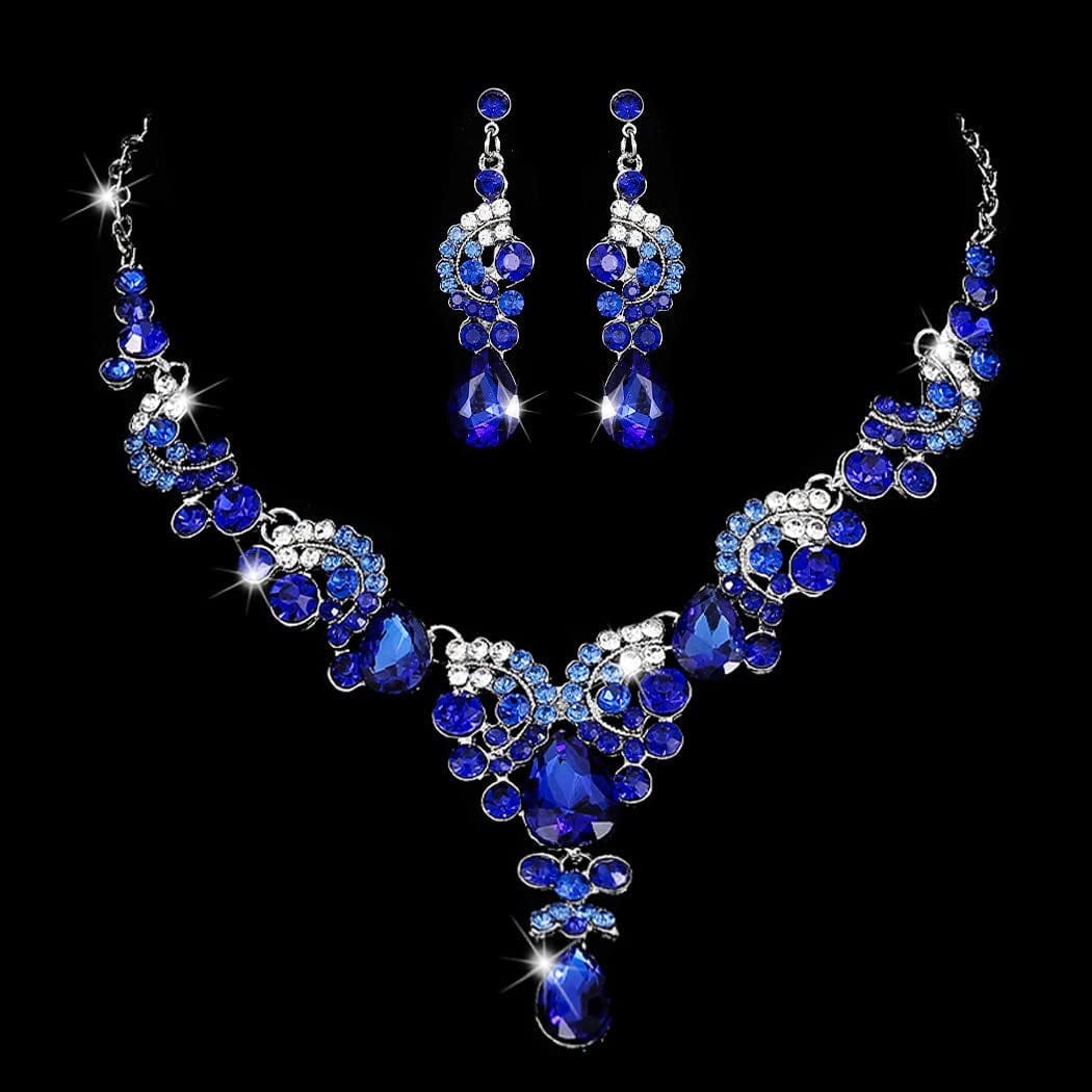 Bride Wedding Jewelry Sets Crystal Bridal Necklace Earrings Set Rhinestone Choker Necklace Prom Costume Jewelry for Women and Girls Blue