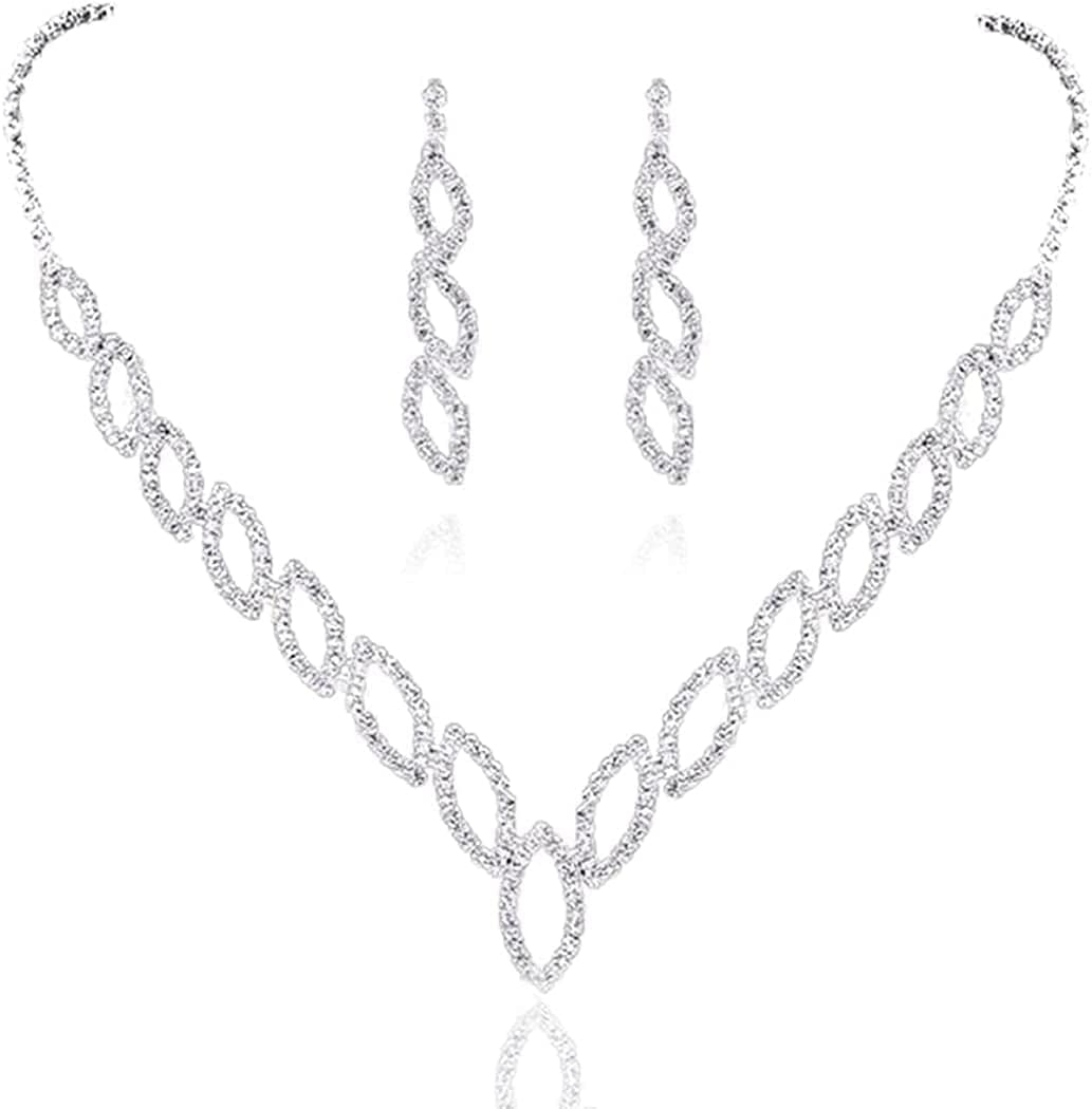 Bride Wedding Necklace Earrings Set Silver Rhinestones Necklaces Bridal Crystal Jewelry Accessories for Women and Girls (Set of 3) Set 9