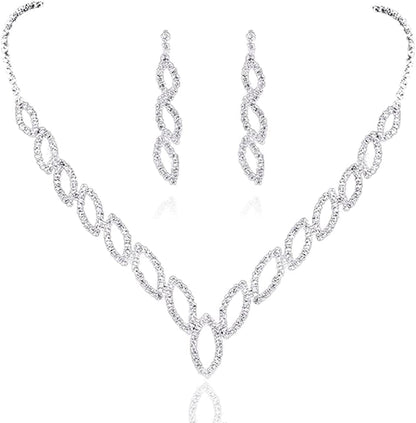 Bride Wedding Necklace Earrings Set Silver Rhinestones Necklaces Bridal Crystal Jewelry Accessories for Women and Girls (Set of 3) Set 9