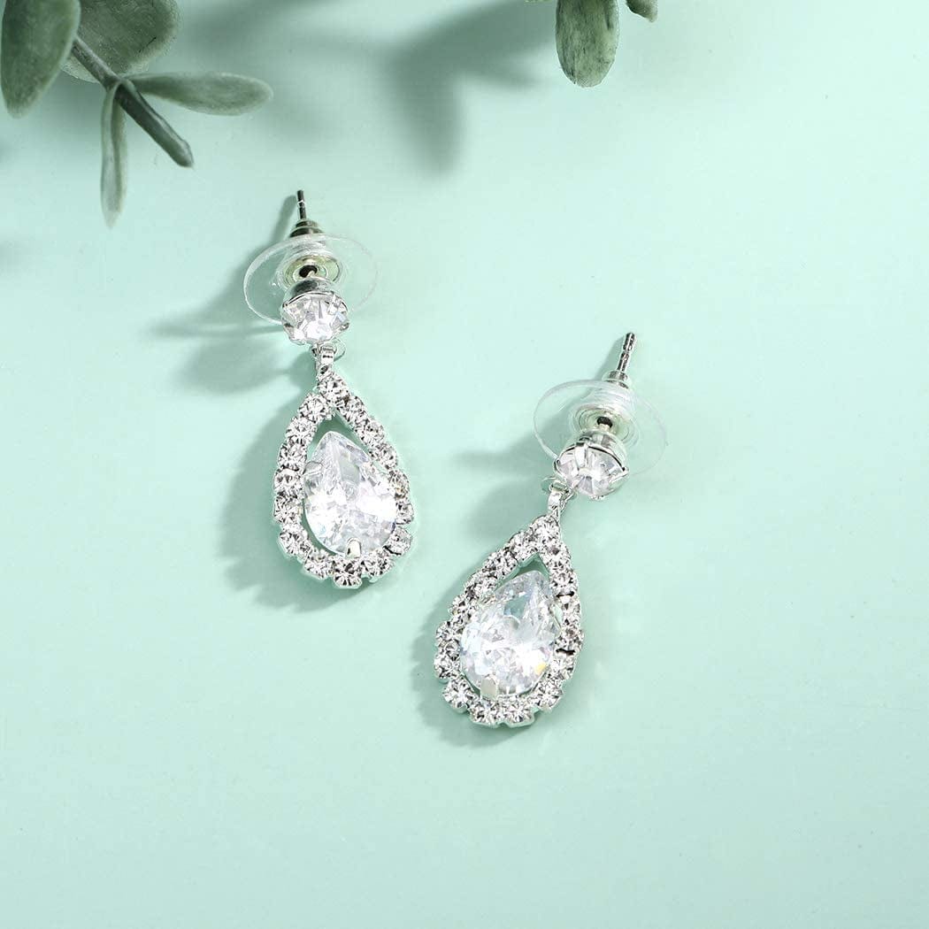 Bride Wedding Necklace Earrings Set Silver Rhinestones Necklaces Bridal Crystal Jewelry Accessories for Women and Girls (Set of 3)