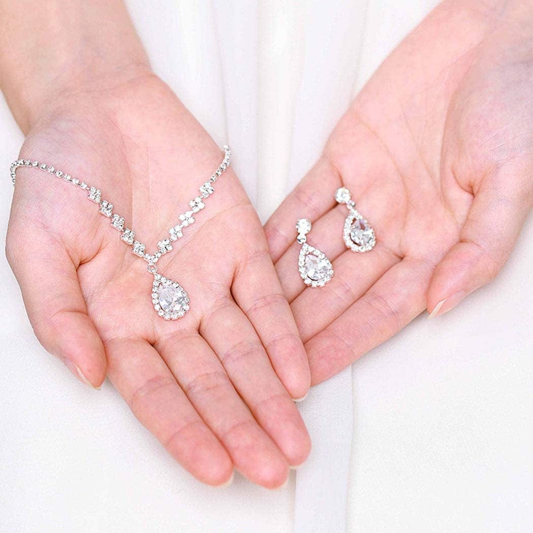 Bride Wedding Necklace Earrings Set Silver Rhinestones Necklaces Bridal Crystal Jewelry Accessories for Women and Girls (Set of 3)