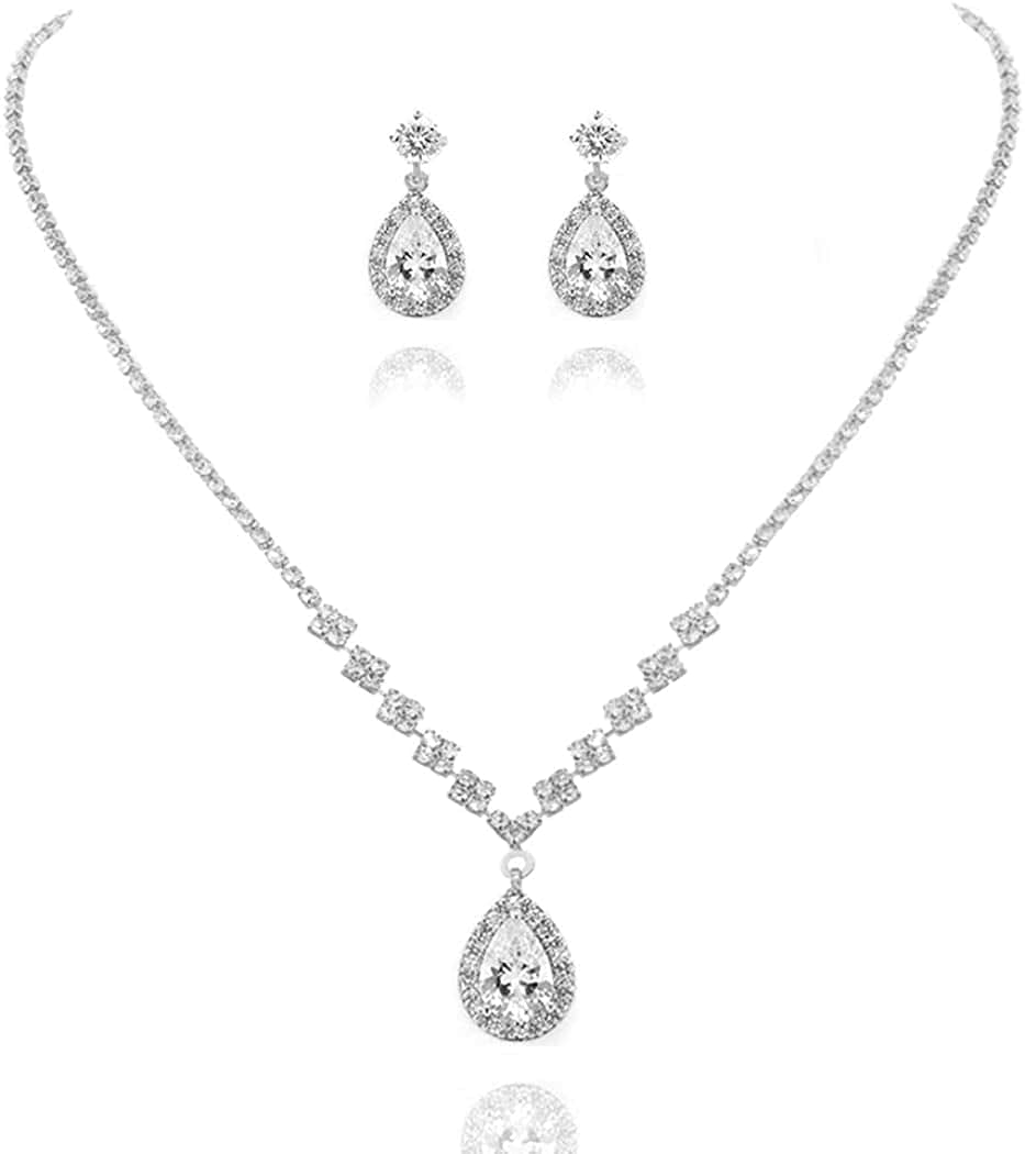 Bride Wedding Necklace Earrings Set Silver Rhinestones Necklaces Bridal Crystal Jewelry Accessories for Women and Girls (Set of 3) Set 1