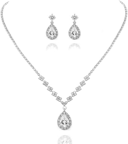 Bride Wedding Necklace Earrings Set Silver Rhinestones Necklaces Bridal Crystal Jewelry Accessories for Women and Girls (Set of 3) Set 1
