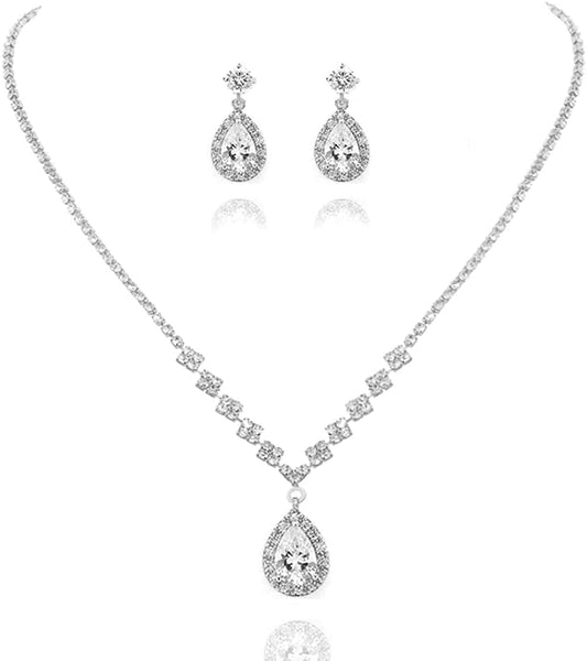 Bride Wedding Necklace Earrings Set Silver Rhinestones Necklaces Bridal Crystal Jewelry Accessories for Women and Girls (Set of 3) Set 1