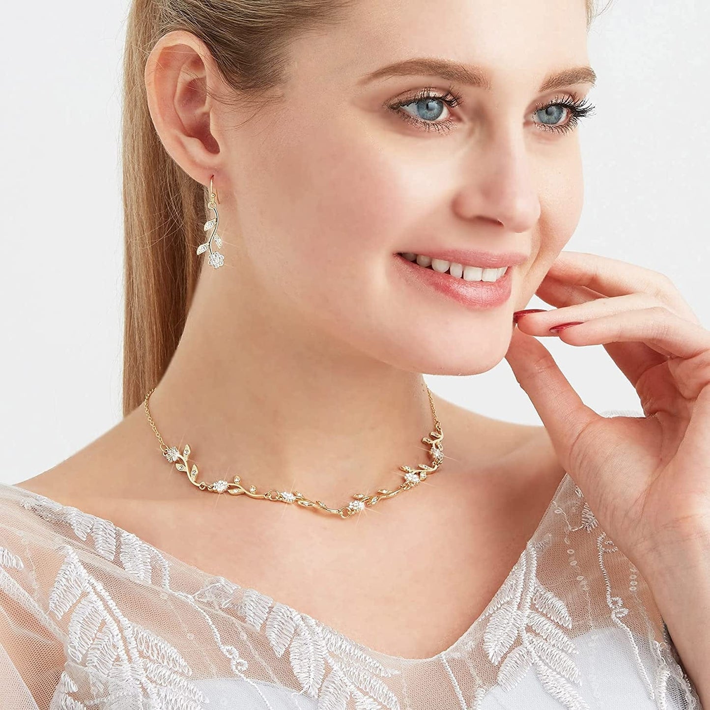 Bridesmaid Gift Jewelry Sets of 1 4 6 7 8 for Wedding,Pave Crystal Simulated Diamond Leaf Flower Jewelry Set for Bridesmaid