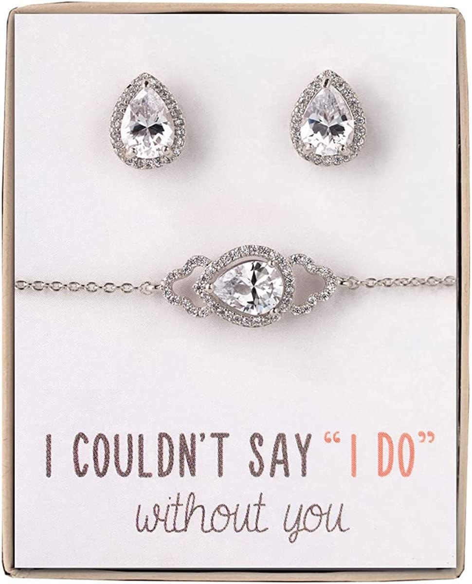 Bridesmaid Gift Oval Bracelet and Earring Set, Wedding Jewelry Set in Gold, Rose Gold, Silver Teardrop - Silver