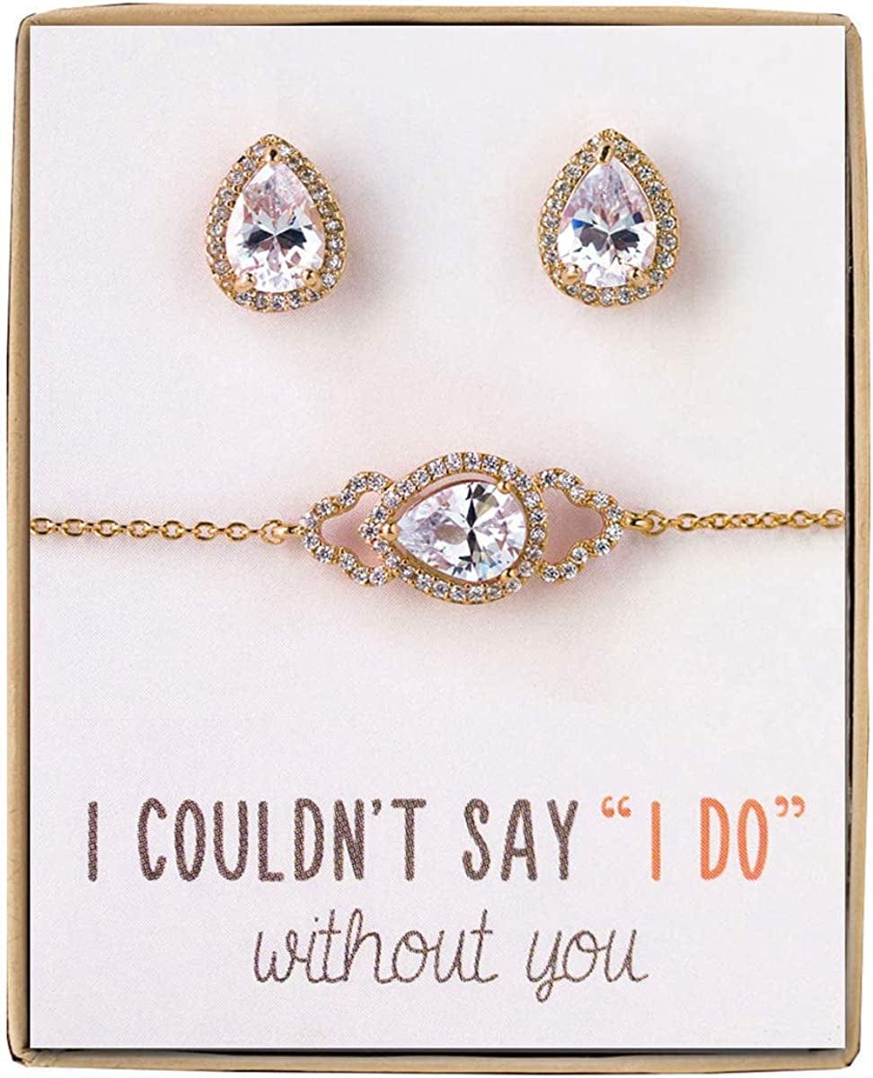 Bridesmaid Gift Oval Bracelet and Earring Set, Wedding Jewelry Set in Gold, Rose Gold, Silver Teardrop - Gold