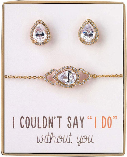 Bridesmaid Gift Oval Bracelet and Earring Set, Wedding Jewelry Set in Gold, Rose Gold, Silver Teardrop - Gold