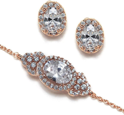 Bridesmaid Gift Oval Bracelet and Earring Set, Wedding Jewelry Set in Gold, Rose Gold, Silver