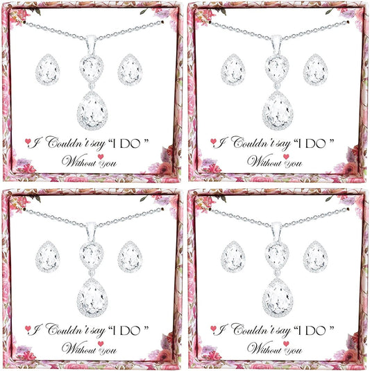 Bridesmaid Jewelry Set for Wedding of 4 6 8,Rose Gold Silver Bridesmaid Necklace Earrings Jewelry Gifts Set,Bridesmaid Proposal Gifts,Bacherlotte Shower Party Gift Set Silver-4SETS