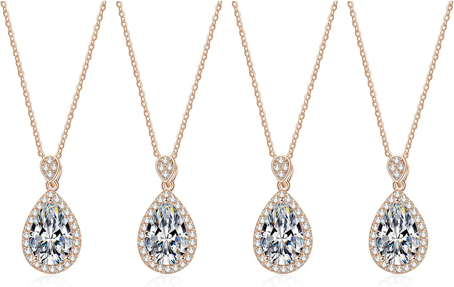 Bridesmaid Proposal Gifts CZ Tearsdrop Earrings Necklace Set Crystals Pendant Necklaces Jewelry Sets for Bridal Bridesmaids Prom Wedding D-Rose Gold Teadrop set of 4