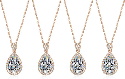Bridesmaid Proposal Gifts CZ Tearsdrop Earrings Necklace Set Crystals Pendant Necklaces Jewelry Sets for Bridal Bridesmaids Prom Wedding D-Rose Gold Teadrop set of 4
