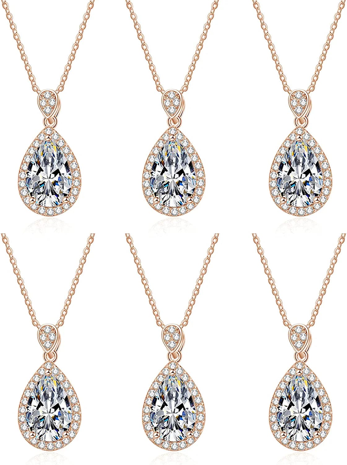 Bridesmaid Proposal Gifts CZ Tearsdrop Earrings Necklace Set Crystals Pendant Necklaces Jewelry Sets for Bridal Bridesmaids Prom Wedding C-Rose Gold Teadrop set of 6