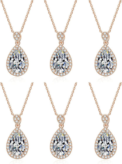 Bridesmaid Proposal Gifts CZ Tearsdrop Earrings Necklace Set Crystals Pendant Necklaces Jewelry Sets for Bridal Bridesmaids Prom Wedding C-Rose Gold Teadrop set of 6