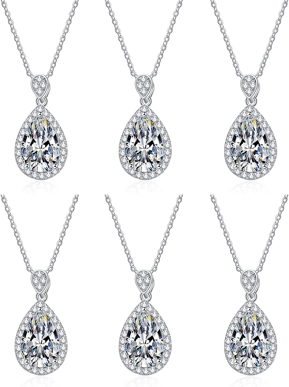 Bridesmaid Proposal Gifts CZ Tearsdrop Earrings Necklace Set Crystals Pendant Necklaces Jewelry Sets for Bridal Bridesmaids Prom Wedding A-Silver Teadrop set of 6