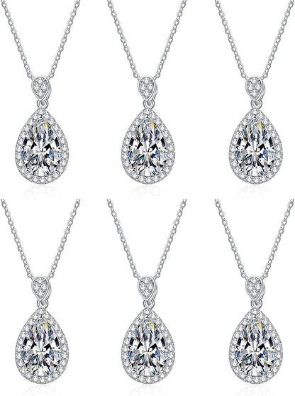 Bridesmaid Proposal Gifts CZ Tearsdrop Earrings Necklace Set Crystals Pendant Necklaces Jewelry Sets for Bridal Bridesmaids Prom Wedding A-Silver Teadrop set of 6