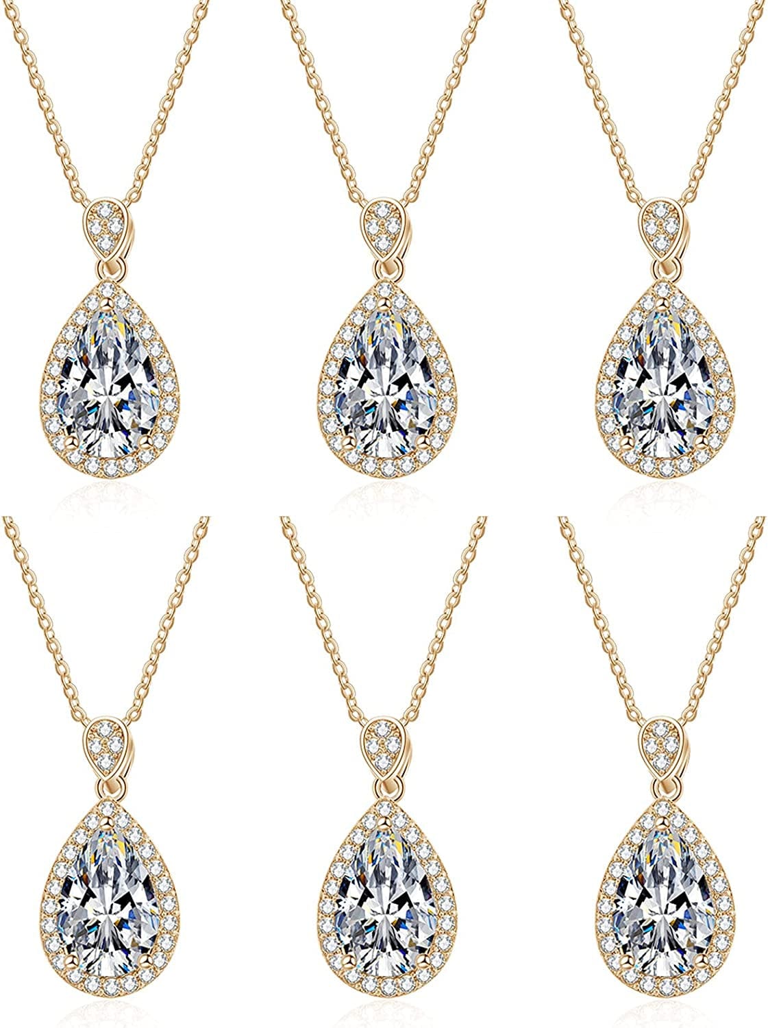 Bridesmaid Proposal Gifts CZ Tearsdrop Earrings Necklace Set Crystals Pendant Necklaces Jewelry Sets for Bridal Bridesmaids Prom Wedding E-Gold Teadrop set of 6