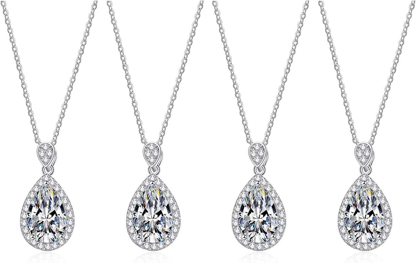 Bridesmaid Proposal Gifts CZ Tearsdrop Earrings Necklace Set Crystals Pendant Necklaces Jewelry Sets for Bridal Bridesmaids Prom Wedding B-Silver Teadrop set of 4