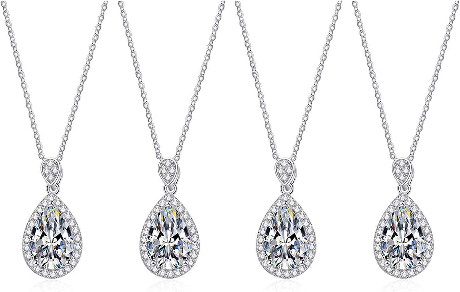 Bridesmaid Proposal Gifts CZ Tearsdrop Earrings Necklace Set Crystals Pendant Necklaces Jewelry Sets for Bridal Bridesmaids Prom Wedding B-Silver Teadrop set of 4