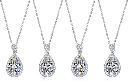 Bridesmaid Proposal Gifts CZ Tearsdrop Earrings Necklace Set Crystals Pendant Necklaces Jewelry Sets for Bridal Bridesmaids Prom Wedding B-Silver Teadrop set of 4