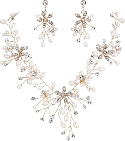 Brilove Women'S Bohemian Boho Crystal Teardrop Freshwater Cultured Pearl Handmade Filigree Flower Choker Necklace Dangle Earrings Set Gold-Tone