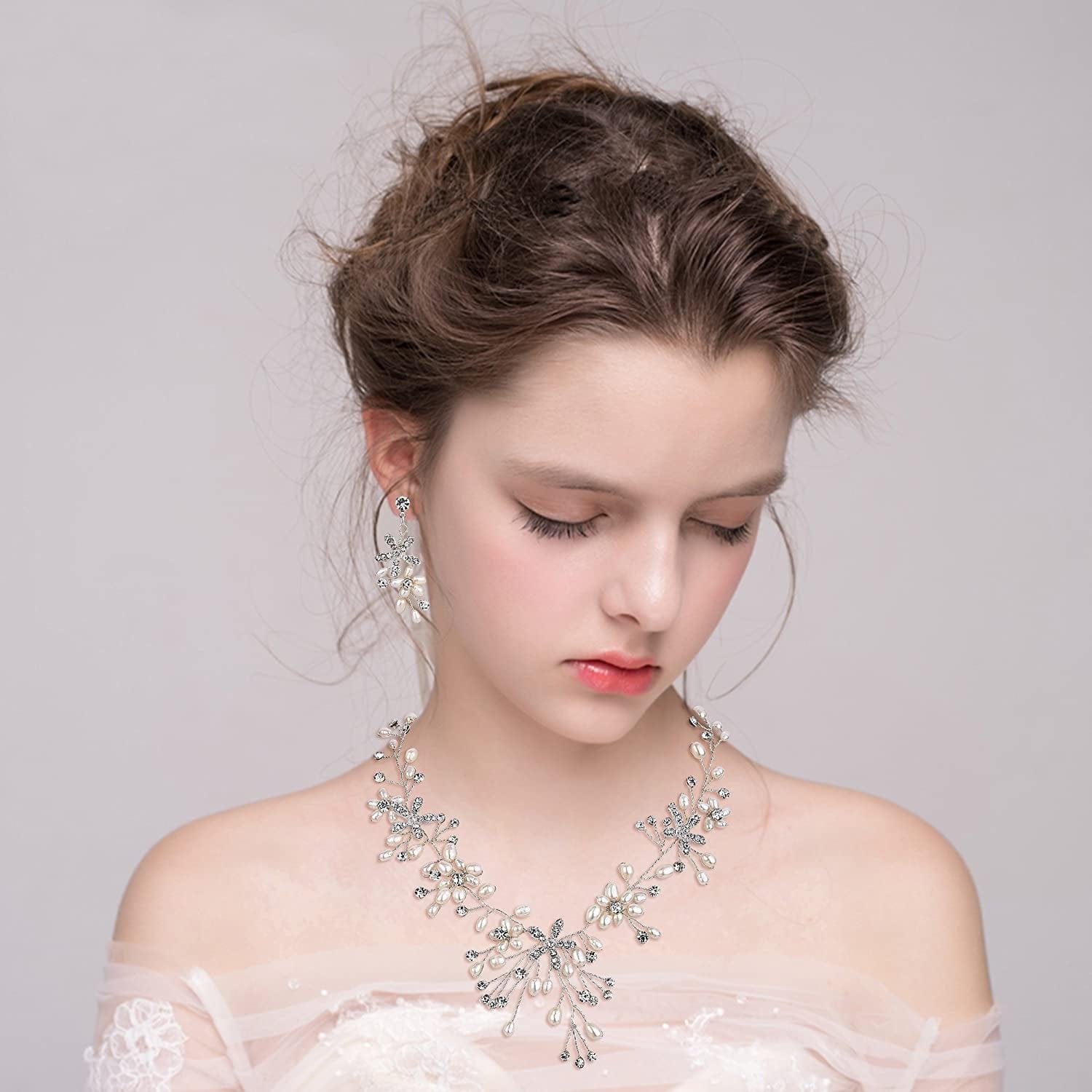 Brilove Women'S Bohemian Boho Crystal Teardrop Freshwater Cultured Pearl Handmade Filigree Flower Choker Necklace Dangle Earrings Set