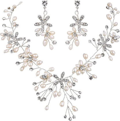 Brilove Women'S Bohemian Boho Crystal Teardrop Freshwater Cultured Pearl Handmade Filigree Flower Choker Necklace Dangle Earrings Set Silver-Tone