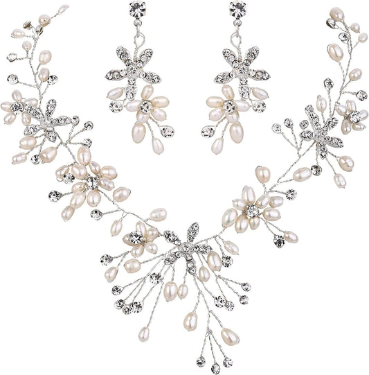 Brilove Women'S Bohemian Boho Crystal Teardrop Freshwater Cultured Pearl Handmade Filigree Flower Choker Necklace Dangle Earrings Set Silver-Tone