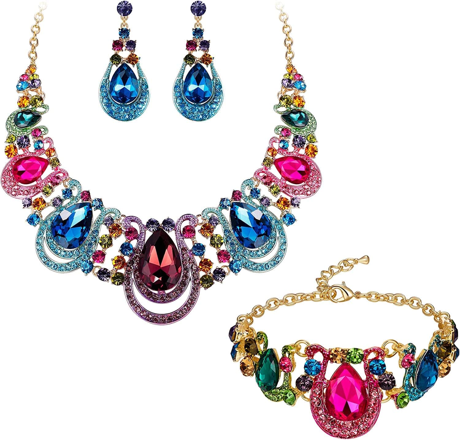 Brilove Women'S Costume Fashion Crystal Teardrop Hollow Scroll Statement Necklace Dangle Earrings Set Multi Colour