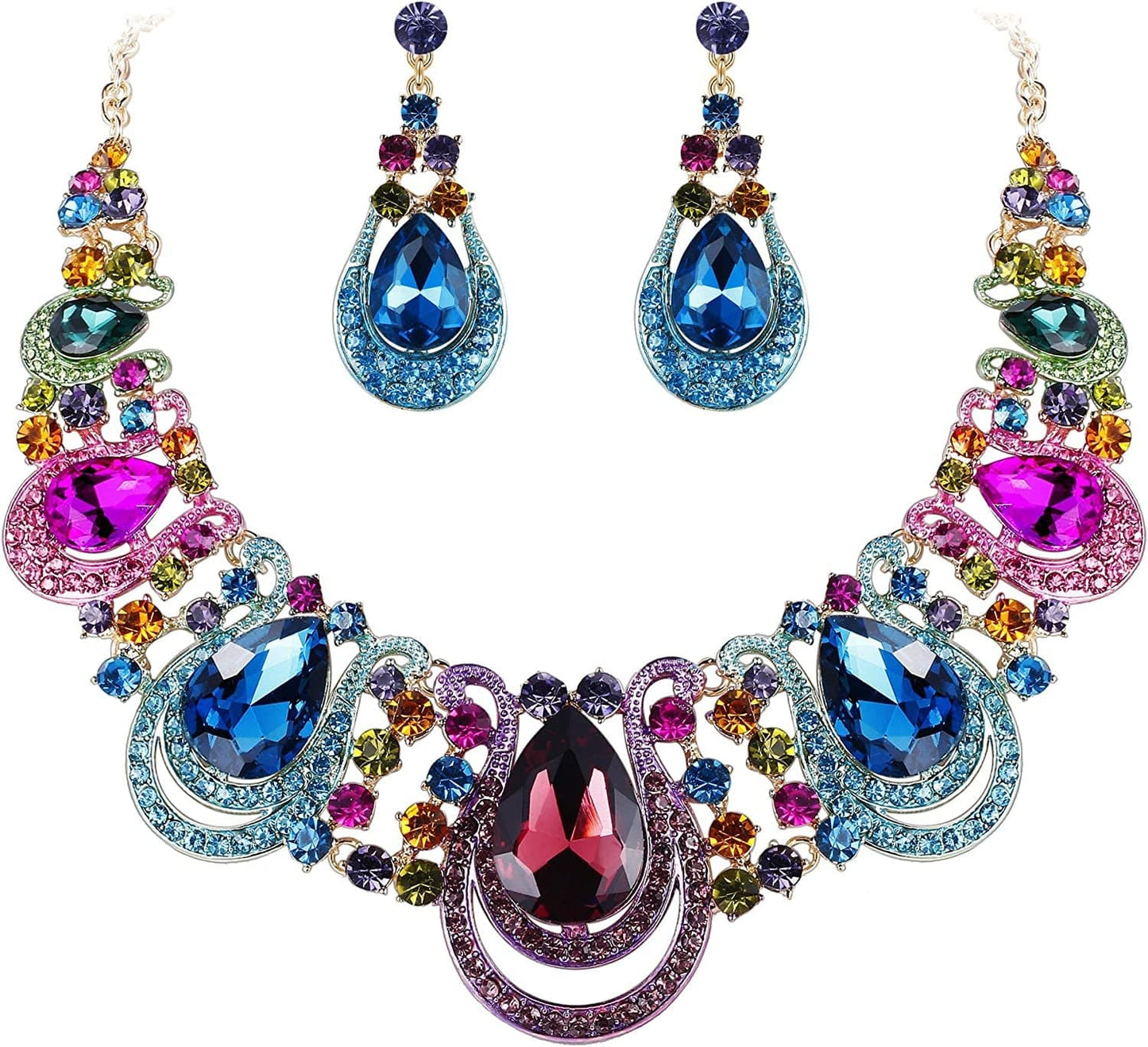 Brilove Women'S Costume Fashion Crystal Teardrop Hollow Scroll Statement Necklace Dangle Earrings Set 06-Multicolor Gold-Tone