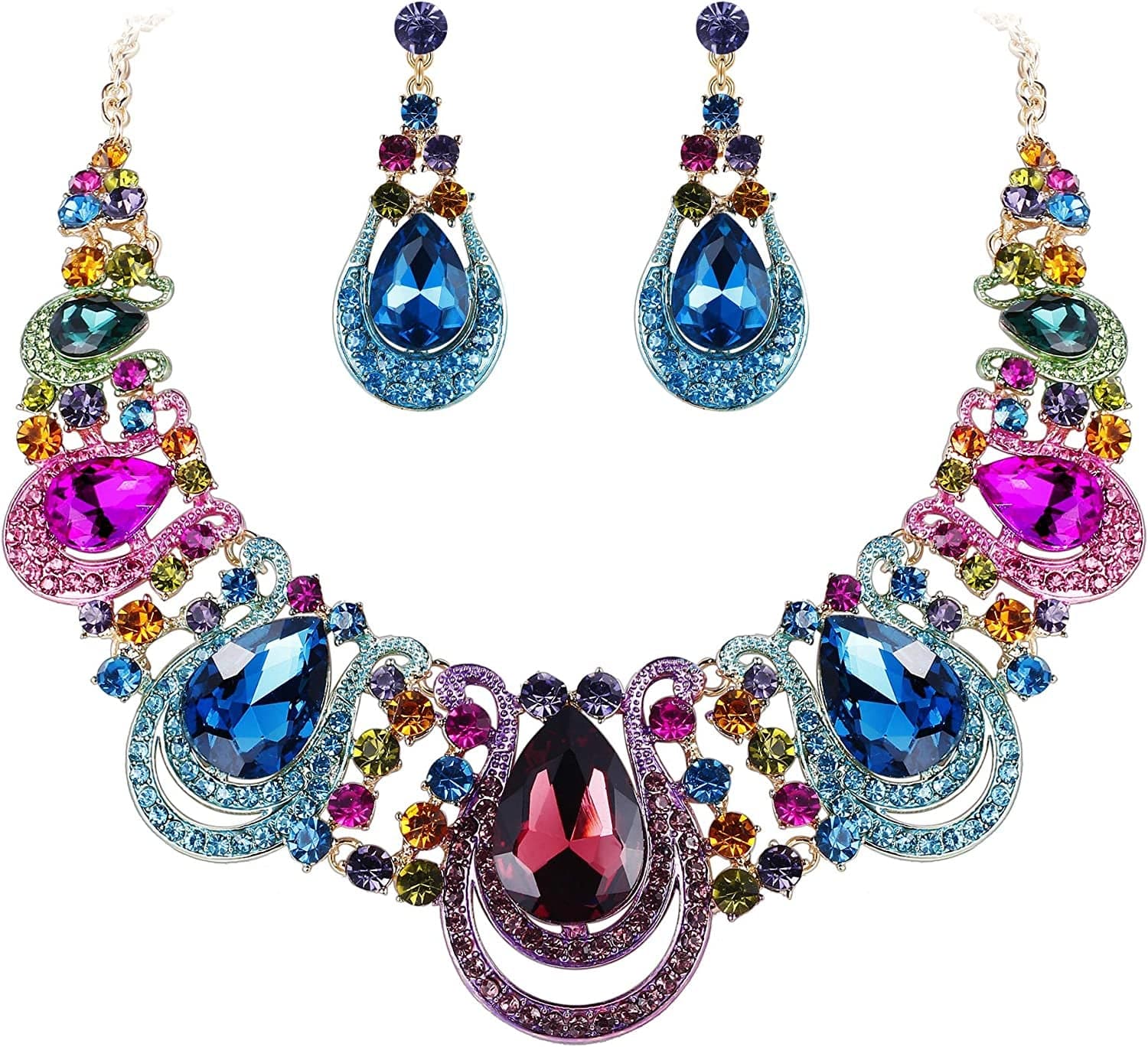 Brilove Women'S Costume Fashion Crystal Teardrop Hollow Scroll Statement Necklace Dangle Earrings Set 06-Multicolor Gold-Tone