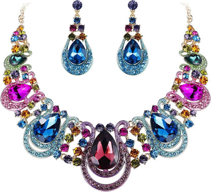 Brilove Women'S Costume Fashion Crystal Teardrop Hollow Scroll Statement Necklace Dangle Earrings Set 06-Multicolor Gold-Tone