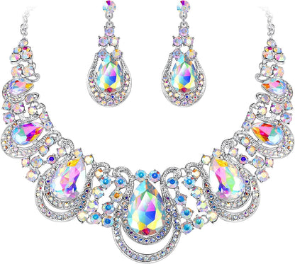 Brilove Women'S Costume Fashion Crystal Teardrop Hollow Scroll Statement Necklace Dangle Earrings Set 02-Iridescent AB Silver-Tone