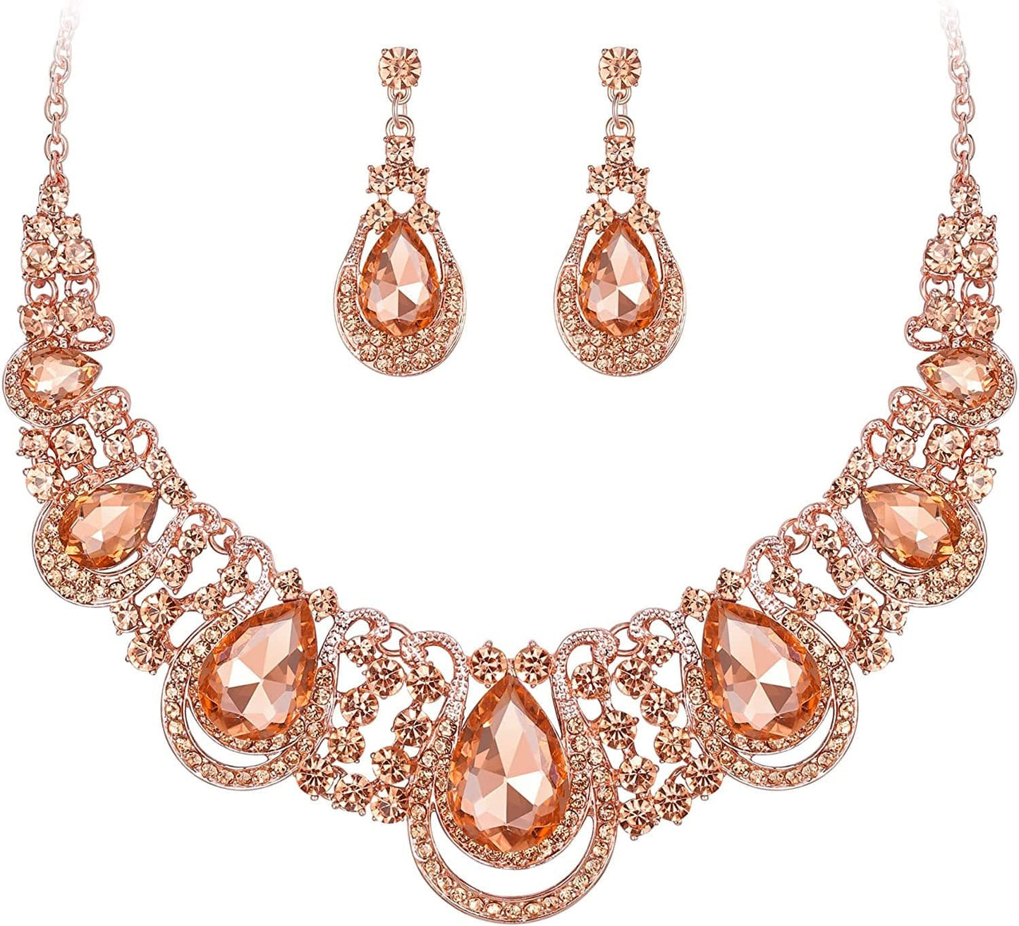 Brilove Women'S Costume Fashion Crystal Teardrop Hollow Scroll Statement Necklace Dangle Earrings Set 09-Peach Rose-Gold-Tone