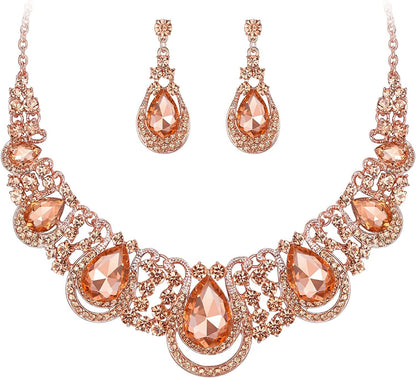 Brilove Women'S Costume Fashion Crystal Teardrop Hollow Scroll Statement Necklace Dangle Earrings Set 09-Peach Rose-Gold-Tone