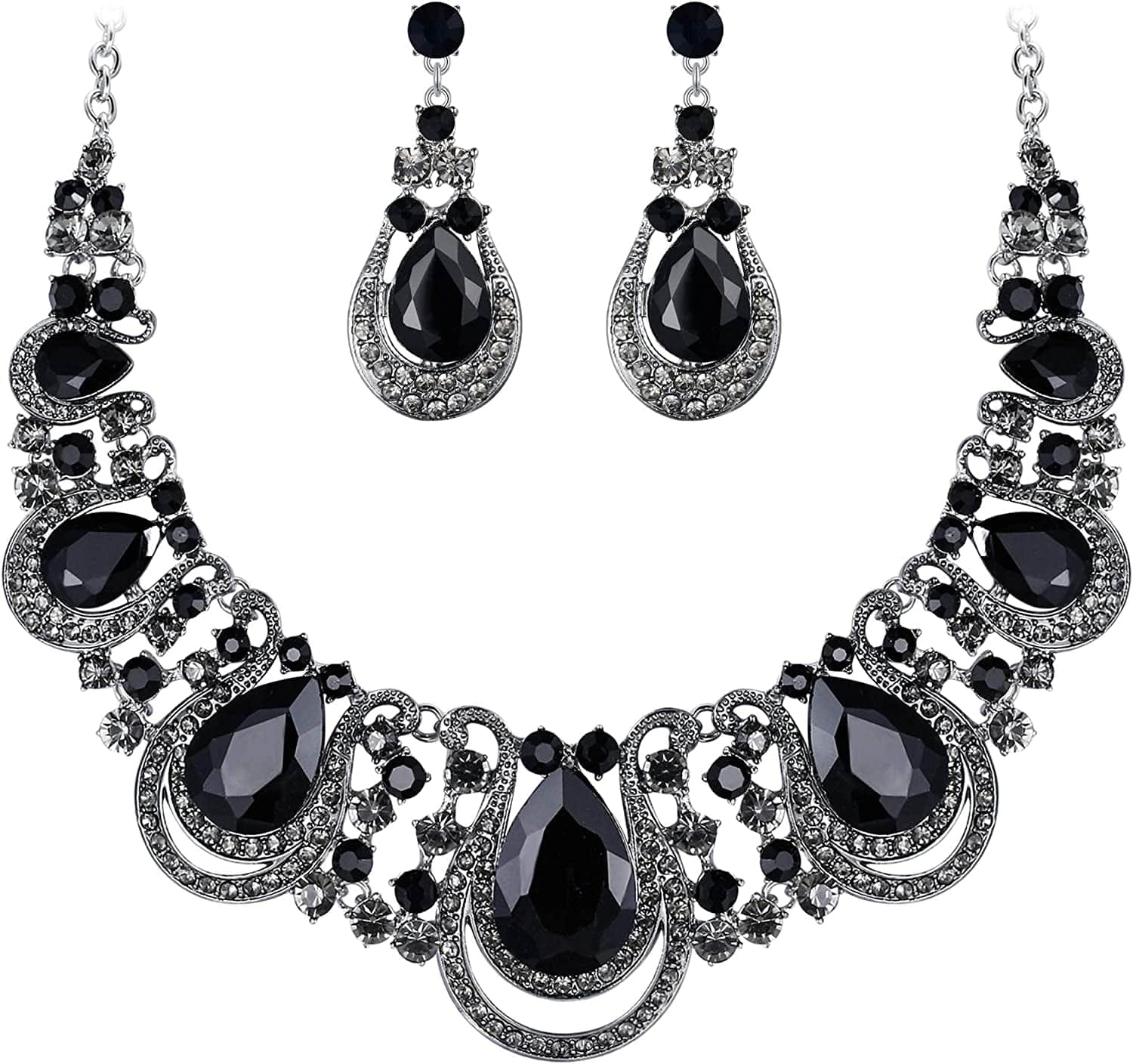 Brilove Women'S Costume Fashion Crystal Teardrop Hollow Scroll Statement Necklace Dangle Earrings Set 03-Black Silver-Tone