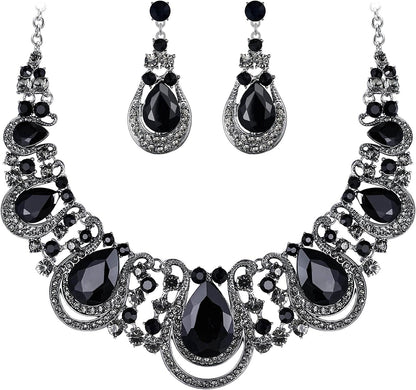 Brilove Women'S Costume Fashion Crystal Teardrop Hollow Scroll Statement Necklace Dangle Earrings Set 03-Black Silver-Tone