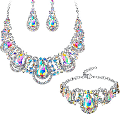 Brilove Women'S Costume Fashion Crystal Teardrop Hollow Scroll Statement Necklace Dangle Earrings Set Iridescent AB