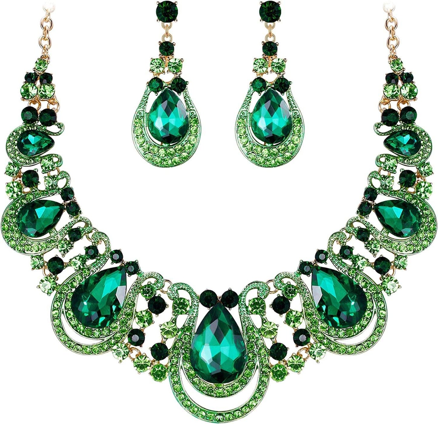 Brilove Women'S Costume Fashion Crystal Teardrop Hollow Scroll Statement Necklace Dangle Earrings Set 04-Emerald Color Gold-Tone